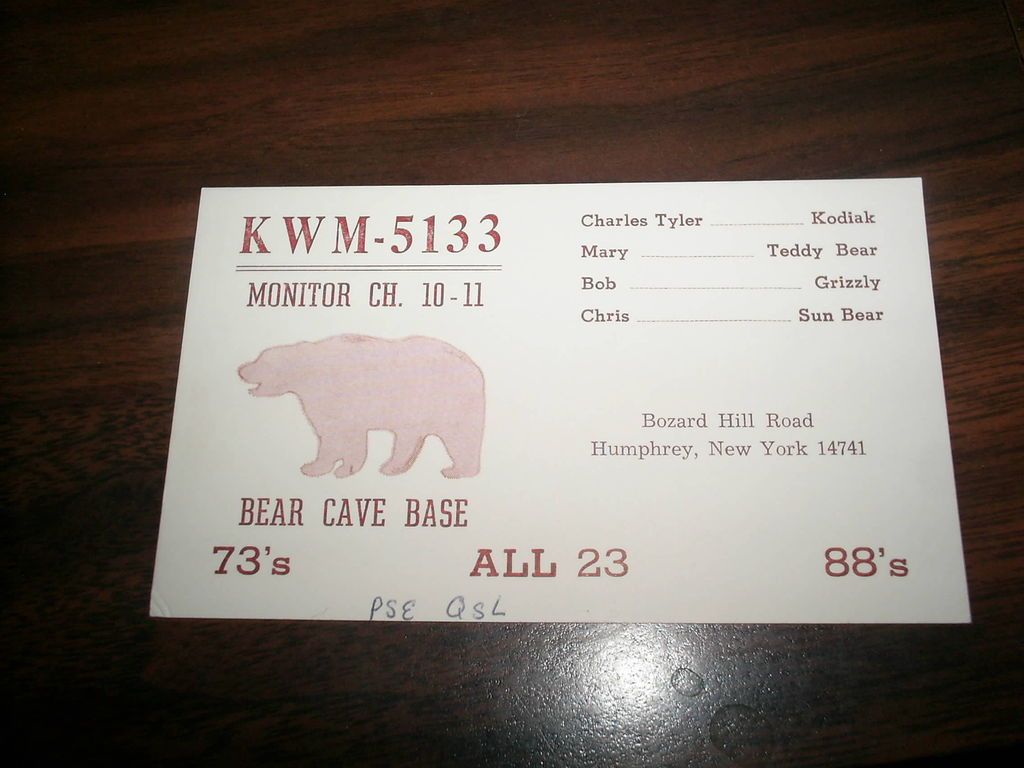 QSL CB RADIO KWM 5133 BEAR CAVE BASE HUMPHREY NEW YORK 14741