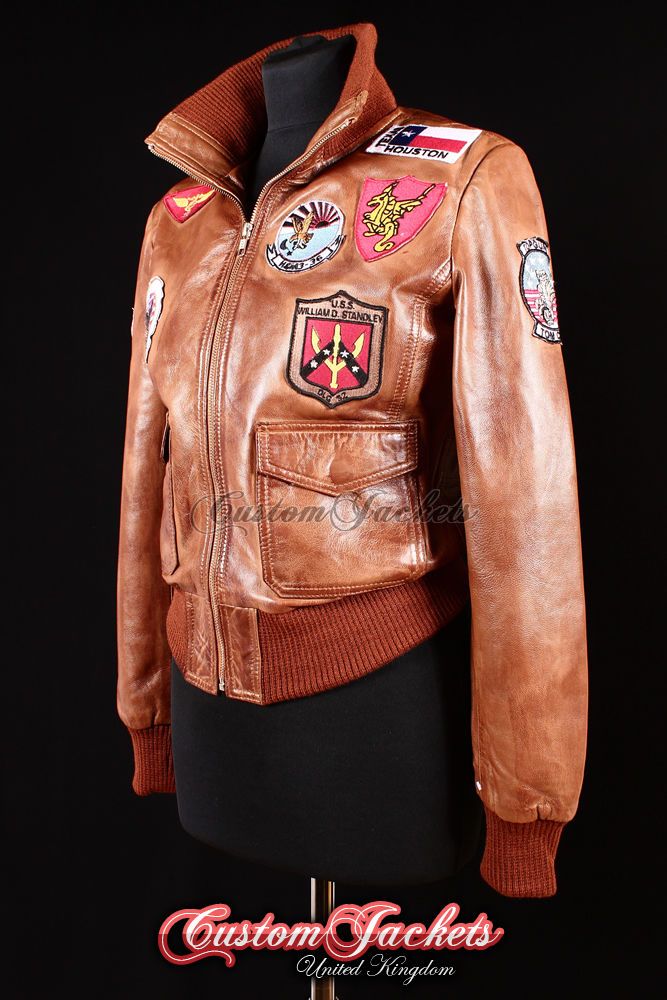 Ladies TOP GUN Tan BOMBER Pilot Aviator Real Lambskin Leather Women 