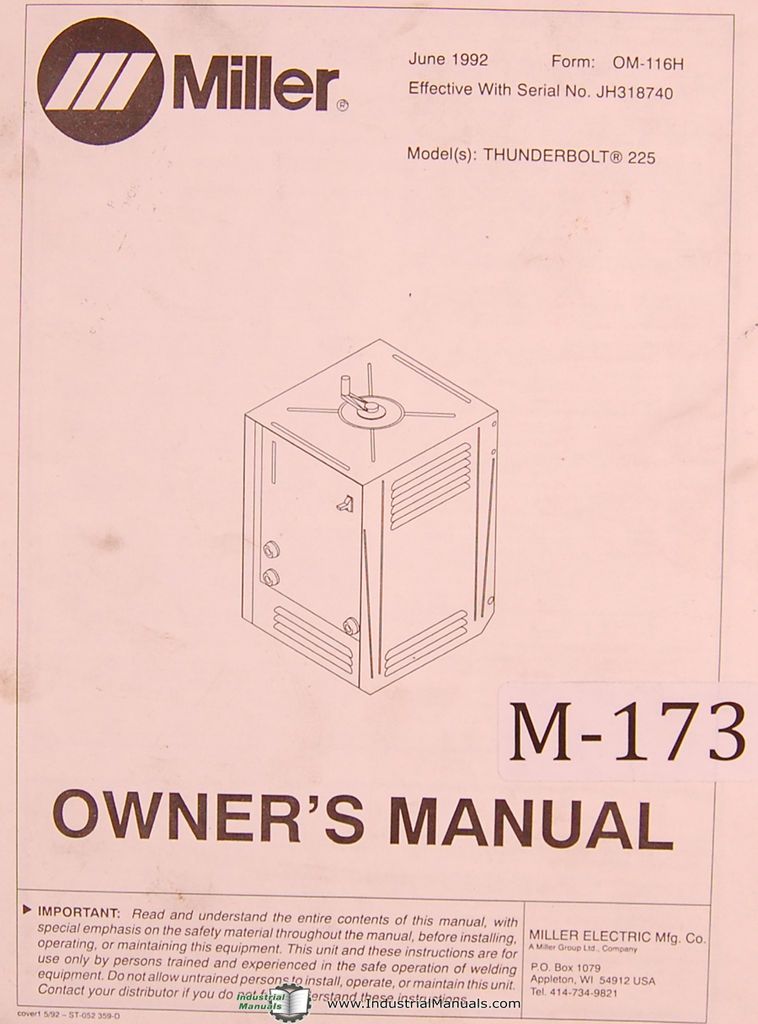 Miller Thunderbolt 225, Arc Welder, Owners Manual Year (1972)