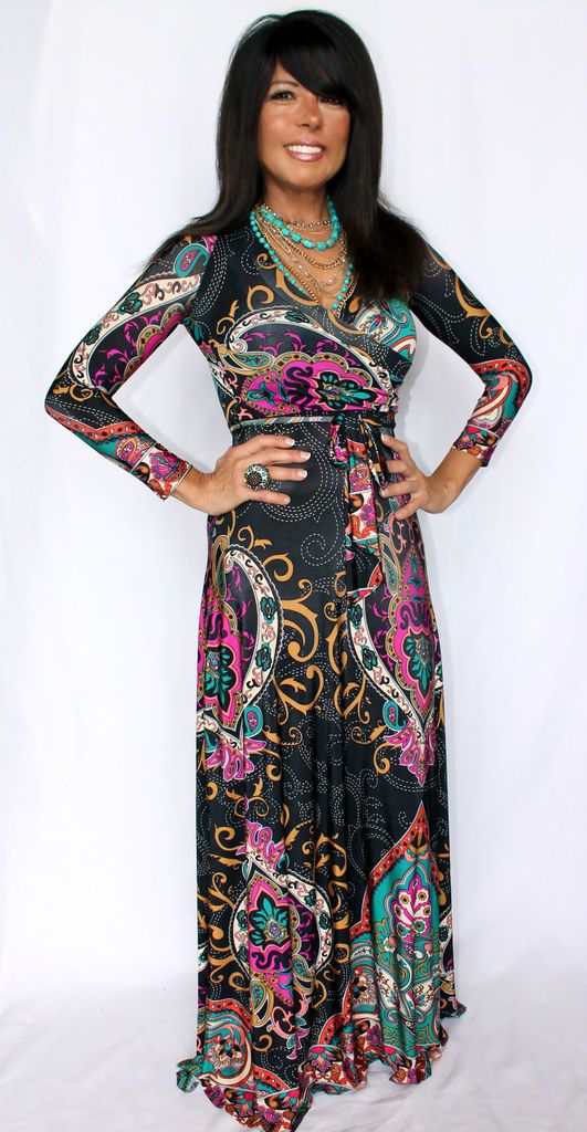 TAJ MAHAL TATOO PAISEY LONG SLEEVE STRETCH KNIT MAXI DRESS PINK ORANGE 