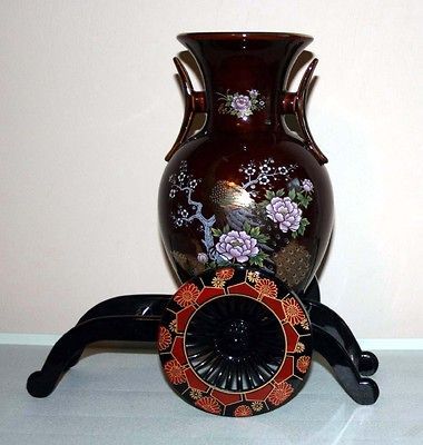 ESTATE SALE  ORIENTAL VASE & CART STAND WITH PEACOCKS & PEONIES MADE 