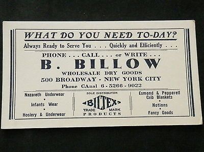 Advertising Blotter B. BILLOW Wholesale Dry Goods BILTEX PRODUCTS New 