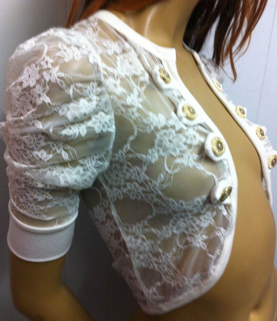 GORGEOUS PRETTY CREAM LACE GOLD BUTTON BOLERO SHRUG TOP SIZE 6 8 10 OR 