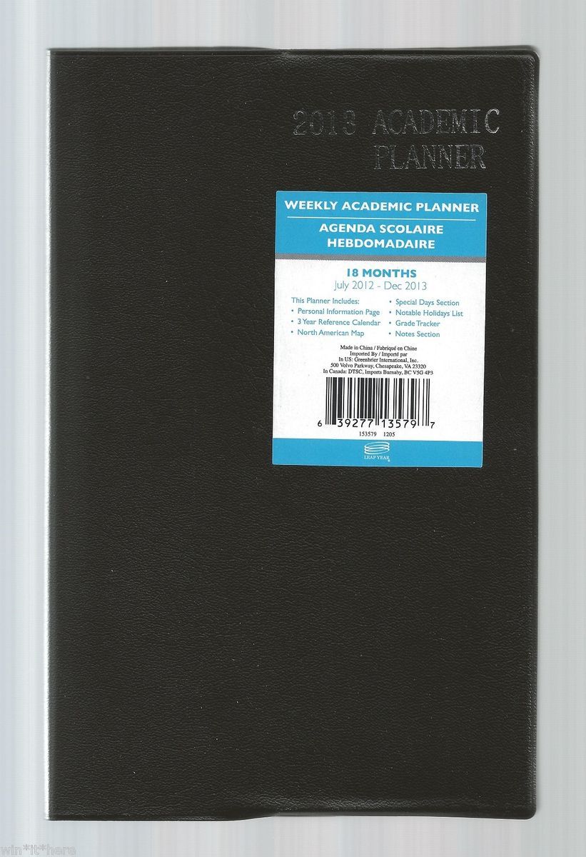 2013 Black Weekly Academic Planner Agenda Calendar 18 MO Medium New 