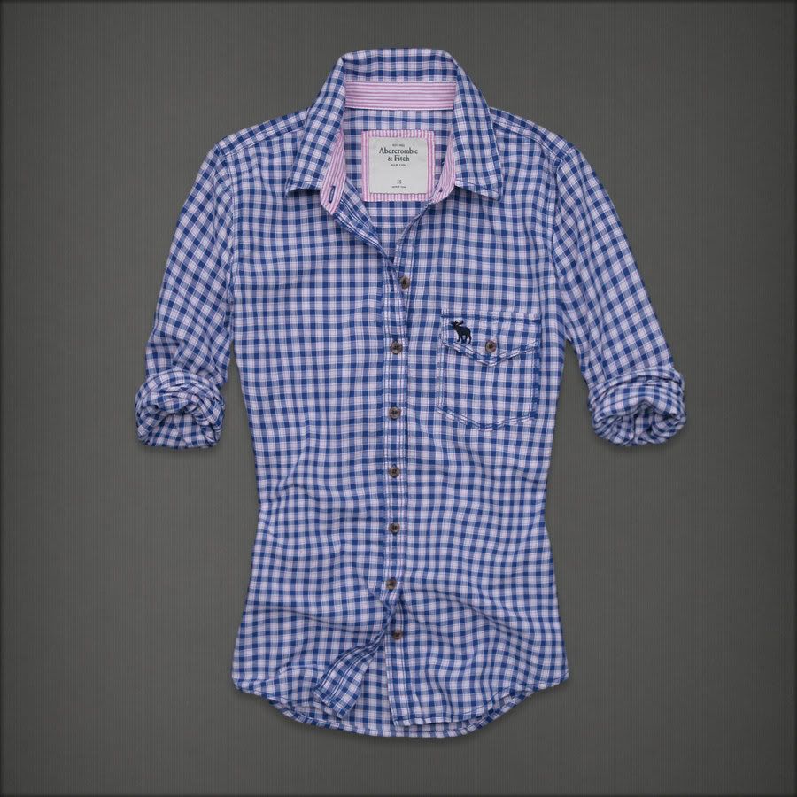 Abercrombie Fitch Women Navy Blue Check Button Down Shirt Top Eve XS 