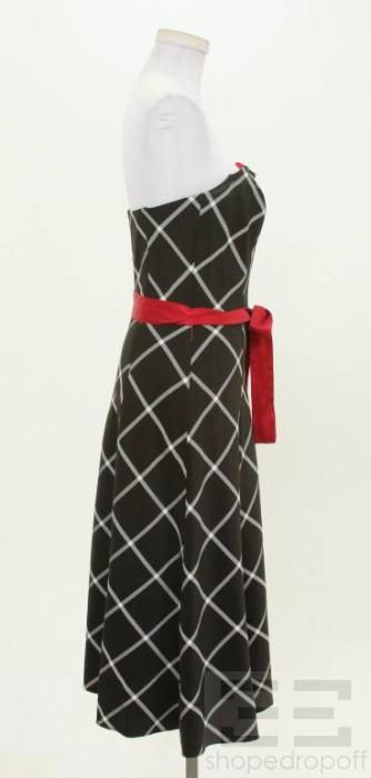 ABS Allen Schwartz Evening Black & White Plaid & Red Flower Dress Size 