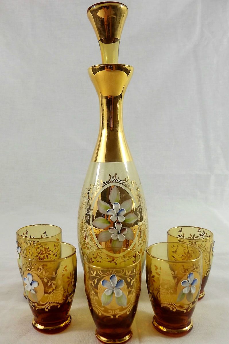 VTG Murano Glass Amber Decanter 5 Glasses Gold Gilded Hand Painted 