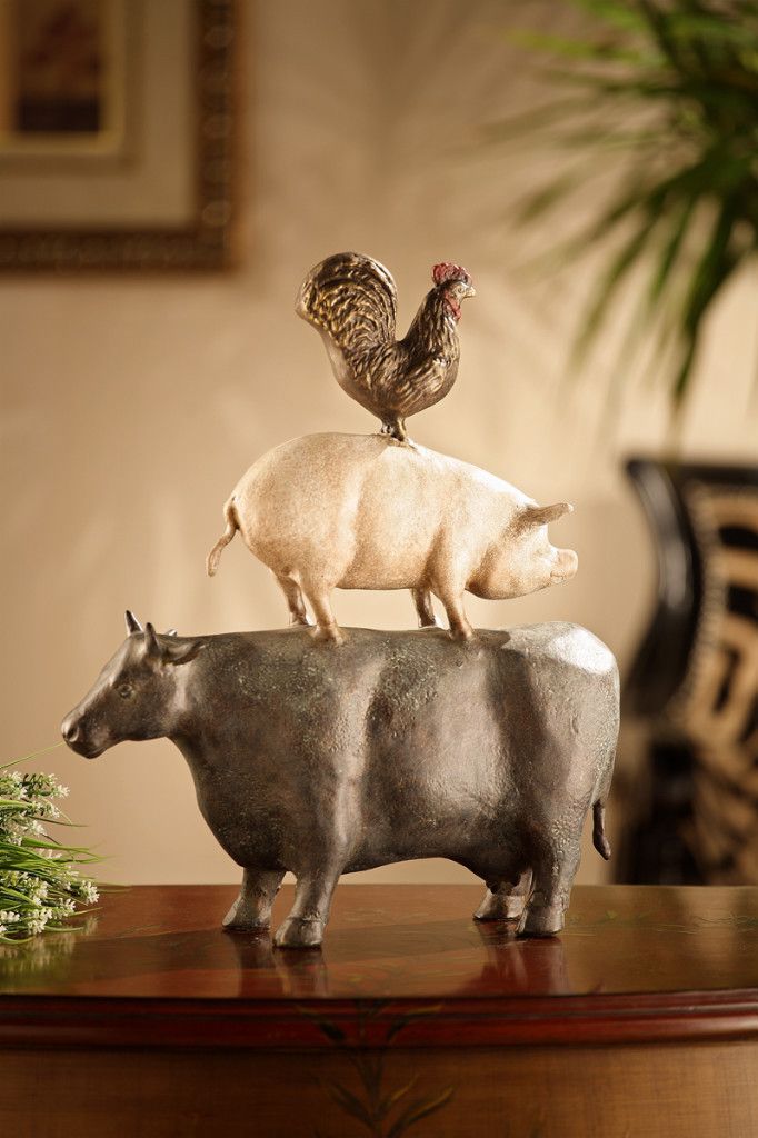 American Folk Art Trio Cow Pig Rooster Sculpture Statue