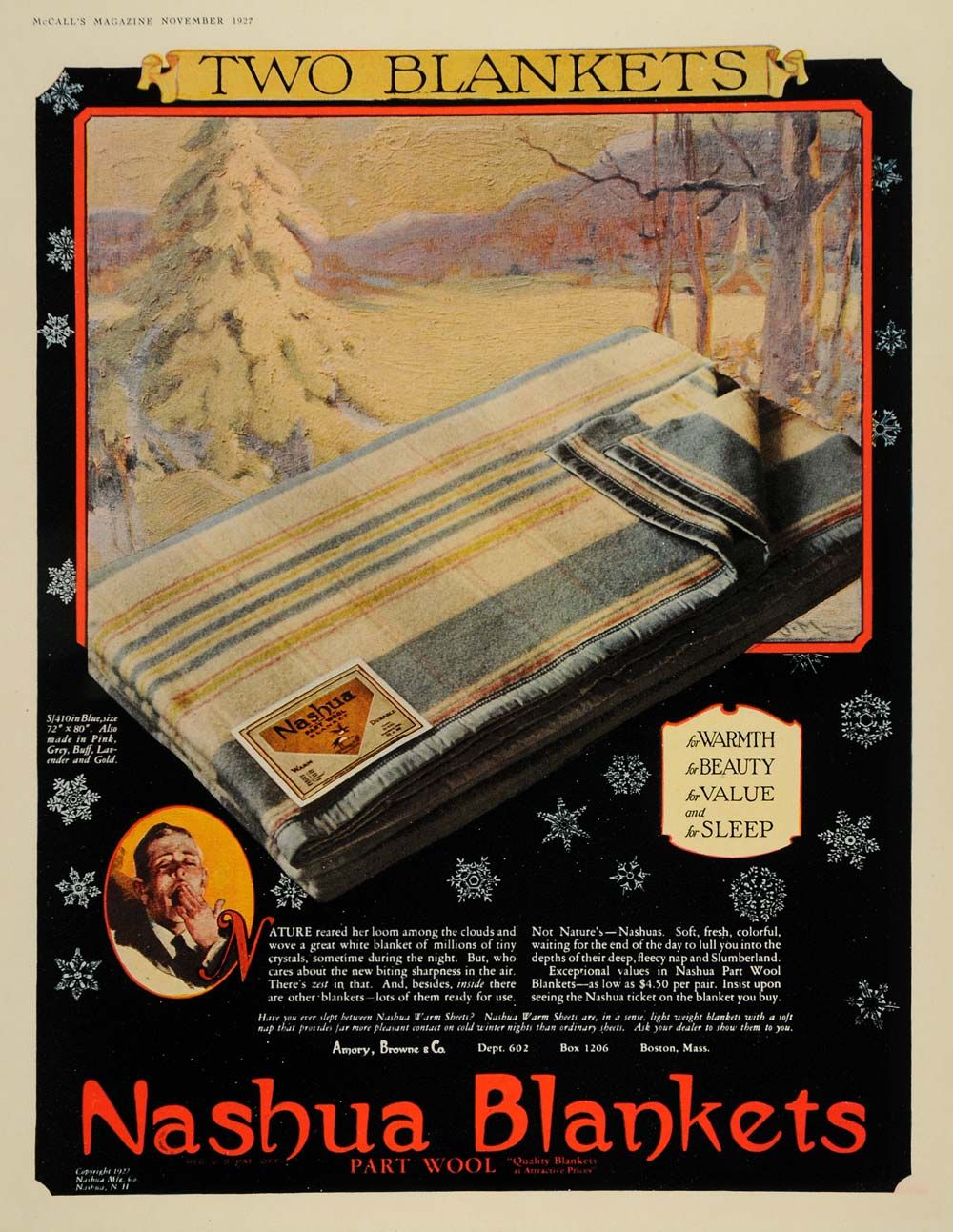 1927 Ad Amory Browne Co Nashua Blankets Sets Winter Original 