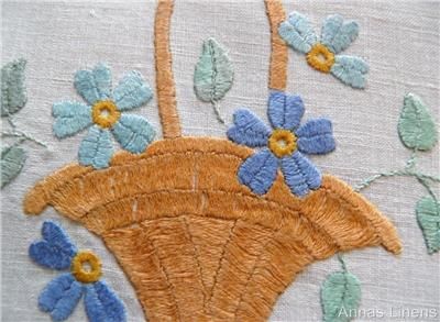Vintage Linen Doily Hand Embroidered Big Flower Basket Lace Edge