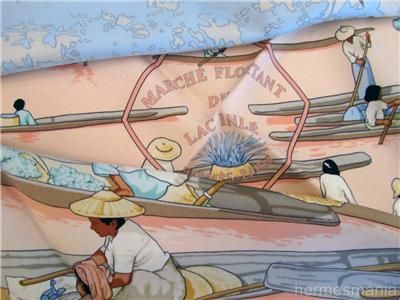 Hermes Silk Scarf Marche Flottant du Lac Inle Peach Pink~ Light Blue 