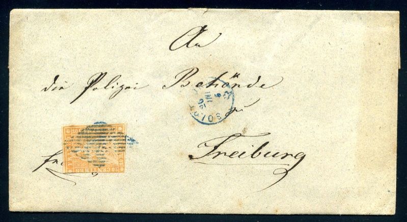 Switzerland Strubel Zu 25B, Sc 23 Sion to Freiburg 26 June 1855 blue 