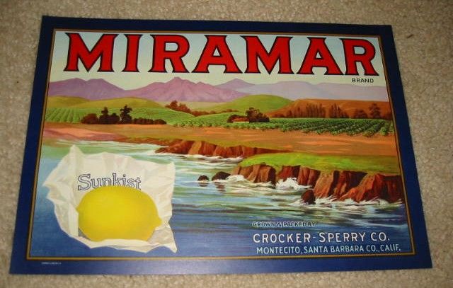 Old 1930s Miramar Sunkist Lemon Label California Ocean