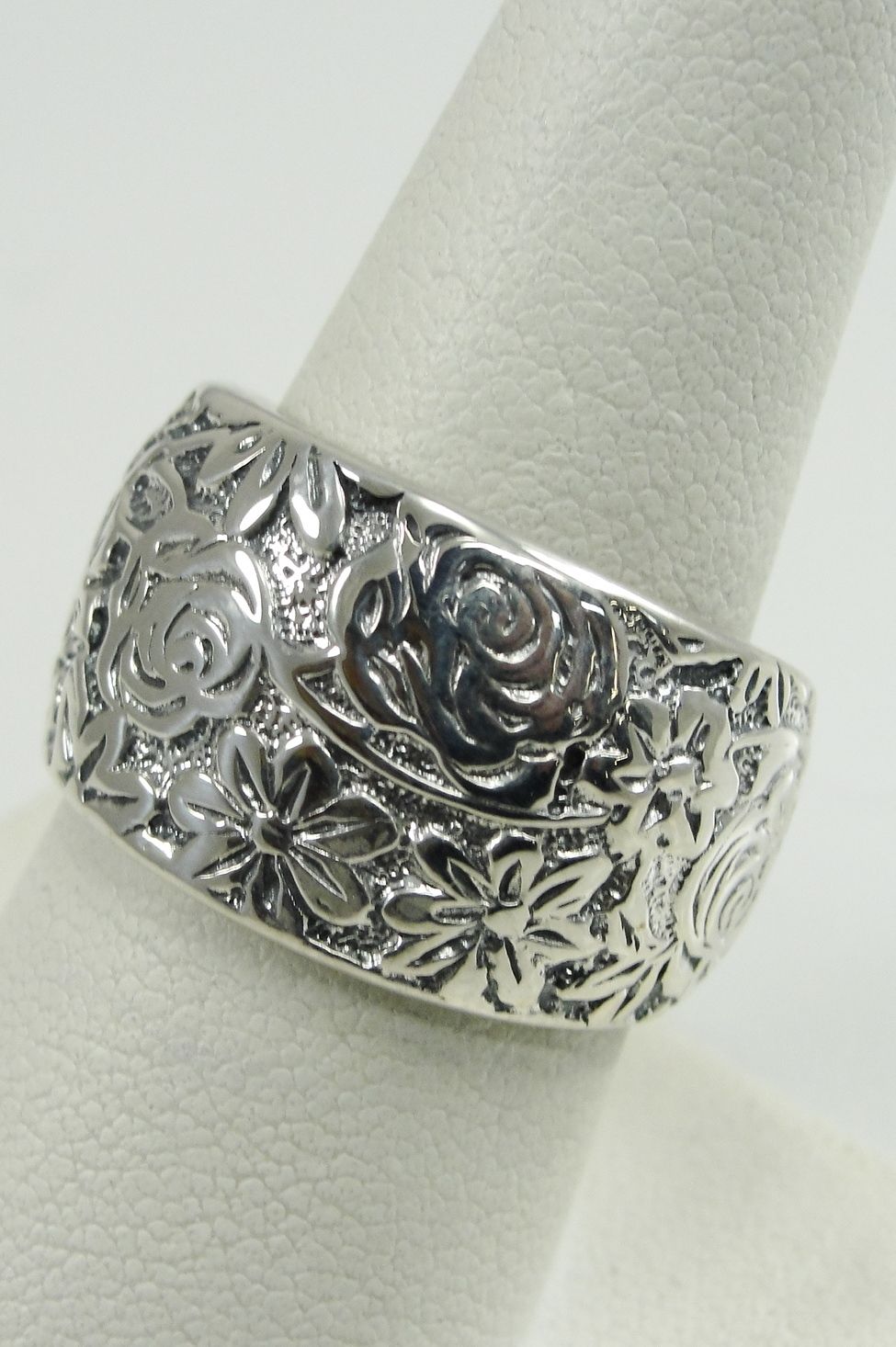 925 Sterling Silver Flower Band Ring Wide Rose Daisy Leaves Bloom Sz 8 