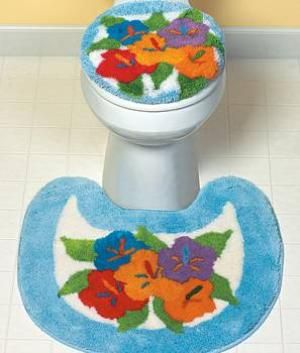 Hibiscus Floral 2 Piece Bath Rug Lid Set New A1