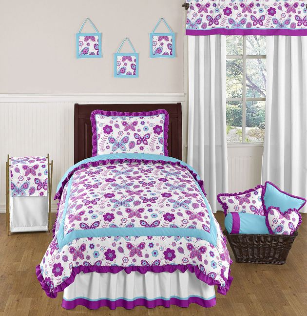 Flower Butterfly Purple Turquoise White Girl Twin Bedding Comforter 