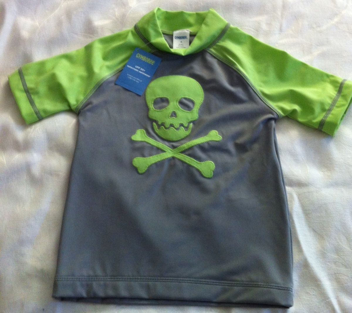 Gyymboree Sunscreen Swimwear Top Gray and Green w Skull and Cross 