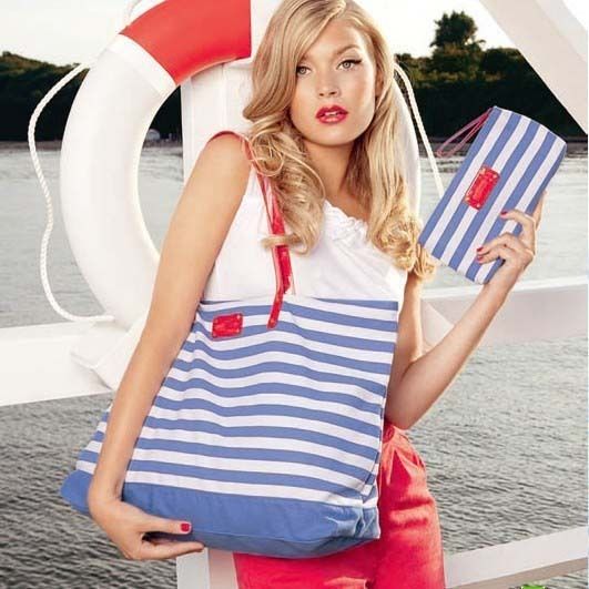 BEACH TOTE BAG Navy blue and white striped decorative high capacity 