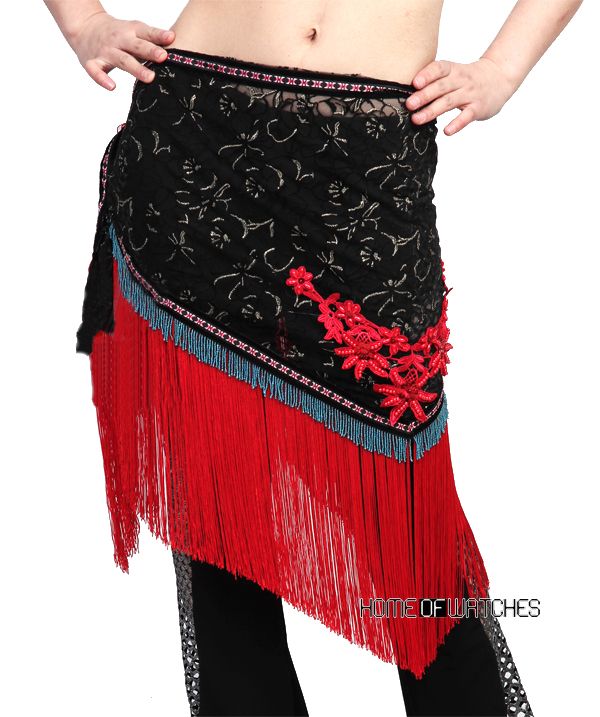 Sexy Black Belly Wrap Hip Scarf Costume Red Flower Tassels Dance Wear