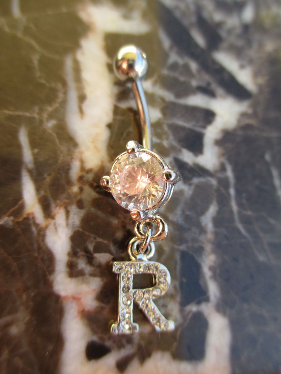   Shipper Beautiful Initial R Dangle with Clear CZ Navel Belly Ring Name