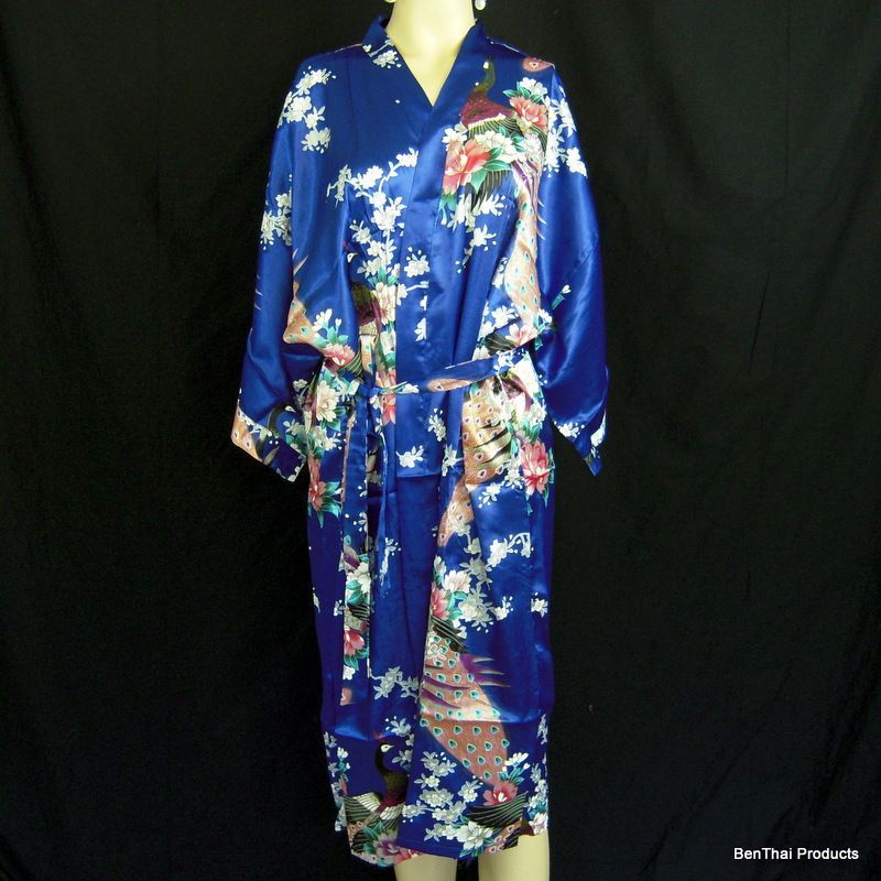 Chinese Silk Kimono Robe Gown Womens Sleepwear Peacock Floral Bath 