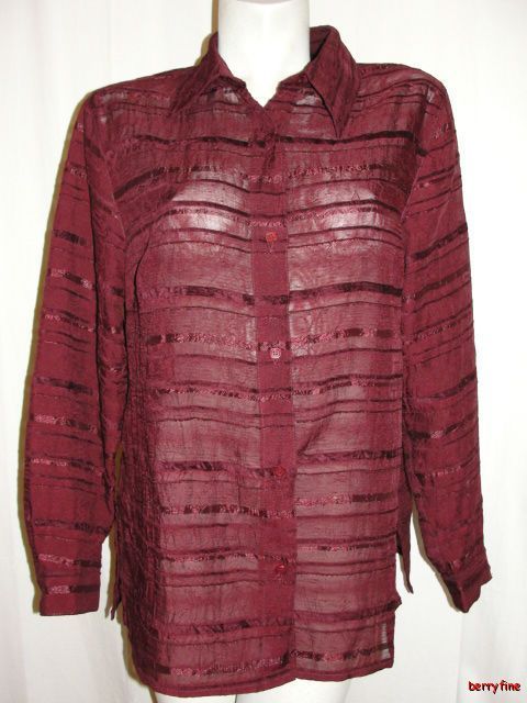 Coldwater Creek Sz L 14 16 Burgundy Polyester Rayon Striped Motif LS 