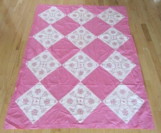   Embroidered Pink Patch Quilt Top Pennsylvania Berks County