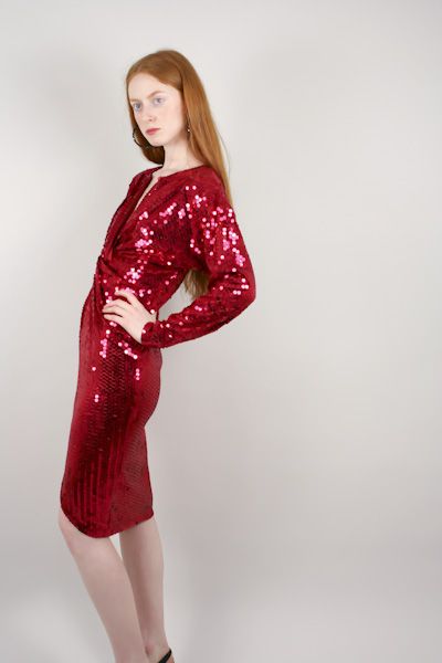Vtg 70s Red Draped Knotted Sequins Bianca Jagger Dress