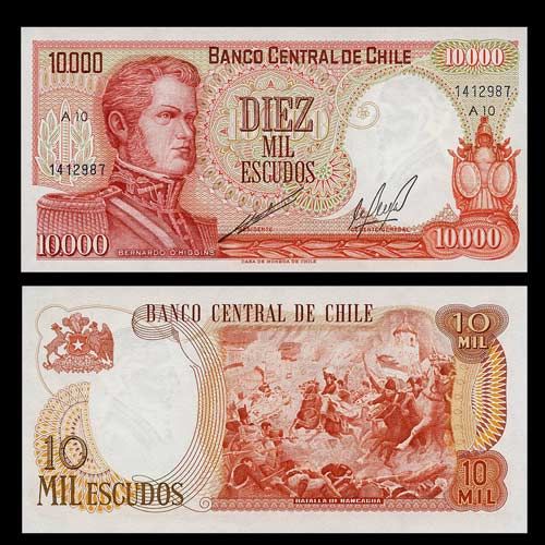 10 000 Escudos Banknote Chile 1967 76 OHiggins UNC