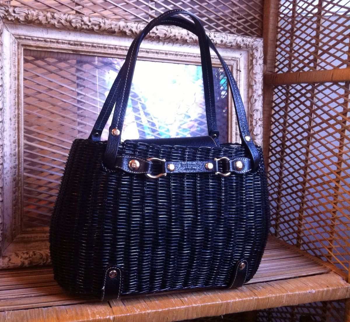 RARE Kate Spade Black Wicker Basket Purse with Black Leather Gold 