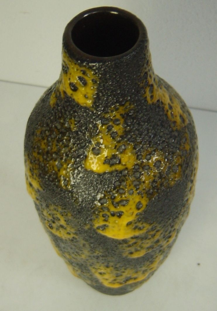 Modernist pottery vase fat black and yellow lava glaze Roth ?