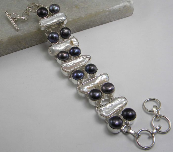 Biwa Pearl, Black Pearl 925 Sterling Silver Plated Bracelet Jewelry 