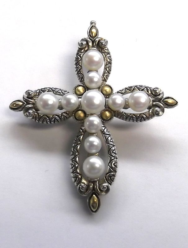 Fabulous Designer Barbara Bixby Pearl 925 Silver 18K Gold Cross 