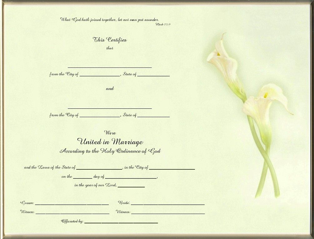 Marriage Certificate Landscape Style Calla Lilies Blank