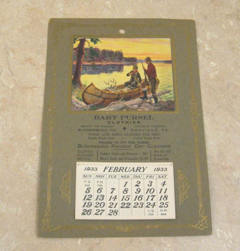 1933 Calendar Bart Pursel Clothier Bloomburg Danville PA