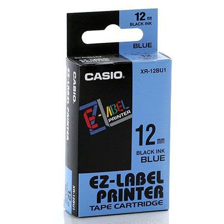 Casio EZ Label Printer Tape 12mm Black Ink Blue Label XR 12BU1 New 