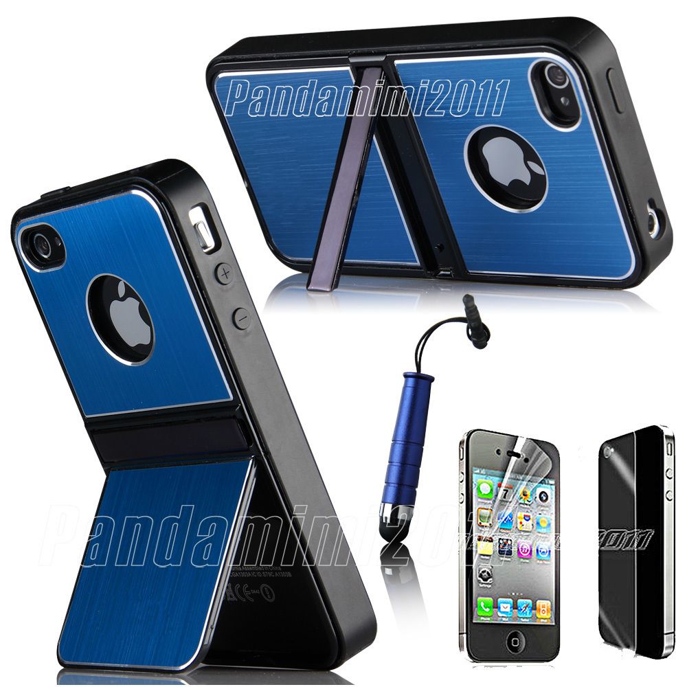 Blue Aluminum TPU Hard Case Cover W Chrome Stand For iPhone 4 4S 