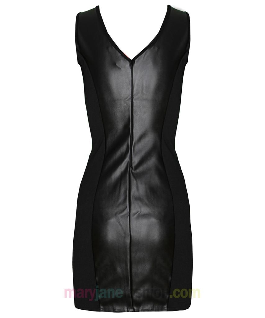 Bodycon Dress Ladies Pleather Leather PU Panel V Neck Mini Sleeveless 