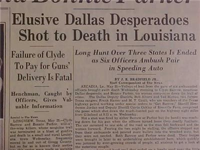   HEADLINE ~CRIME BONNIE PARKER & CLYDE BARROW GUN SHOT KILLED