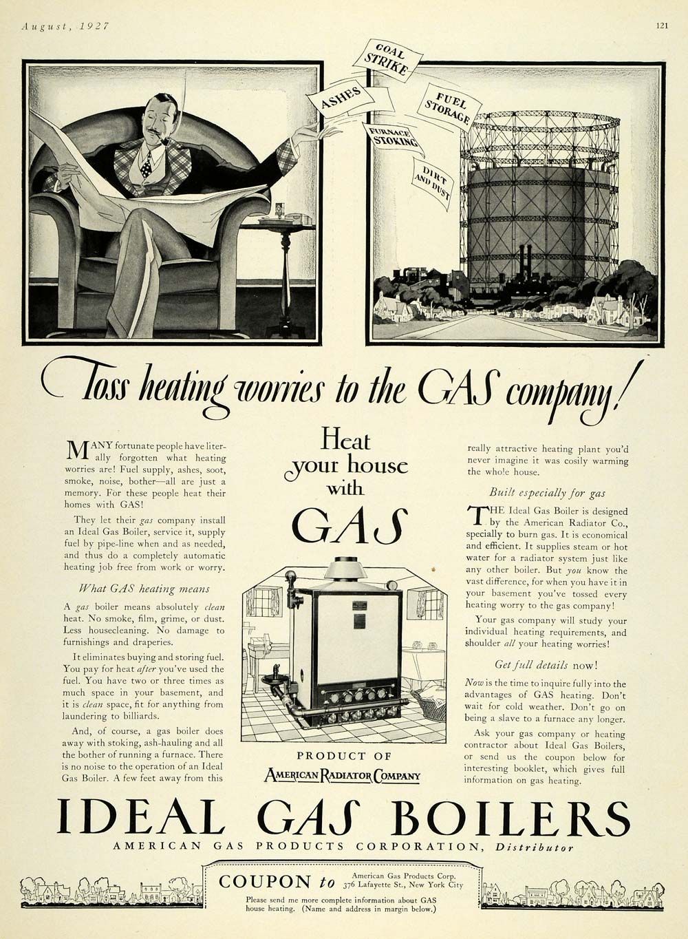 1927 Ad American Radiator Home Gas Boiler Heating NY Original 
