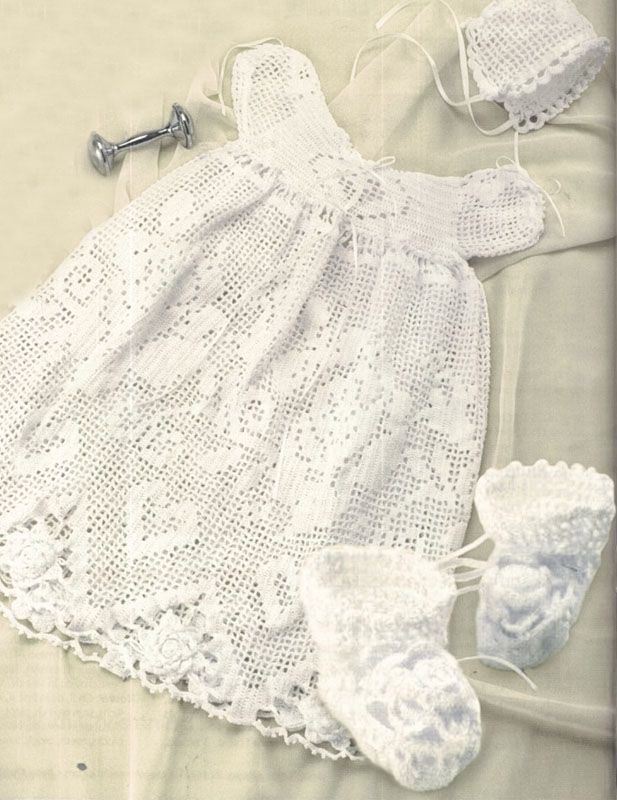 Baptism Baby Gown Dress Bonnet Booties Filet Crochet Pattern on PopScreen