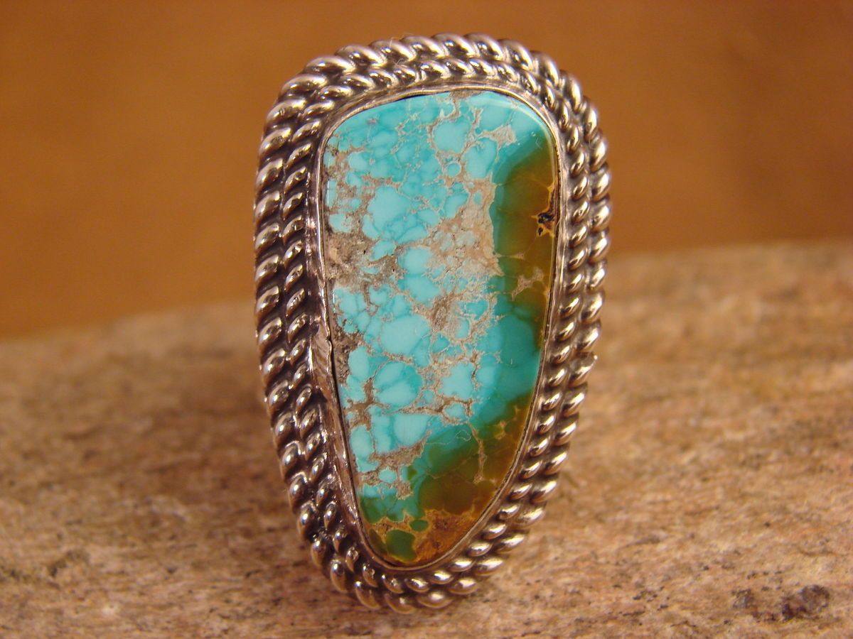 Navajo Indian Large Hand Stamped Sterling Silver Turquoise Ring Size 8 