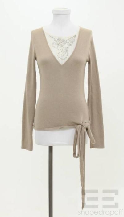 Boss Hugo Boss Tan Cashmere Cream Mesh Jeweled Sweater Size Small 