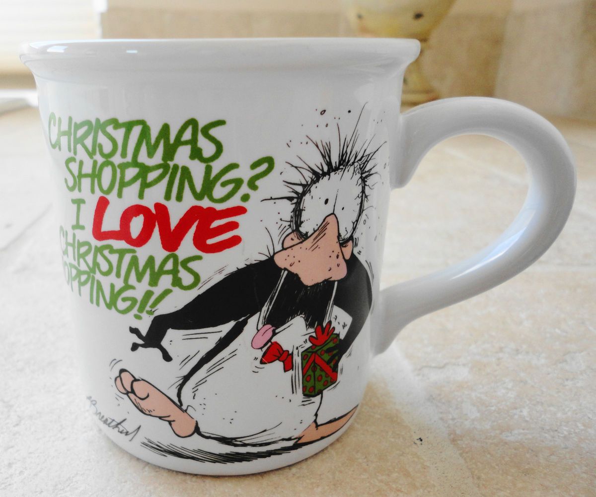   Opus n Bill Mug 10oz 1994 Berkeley Breathed I LOVE CHRISTMAS SHOPPING