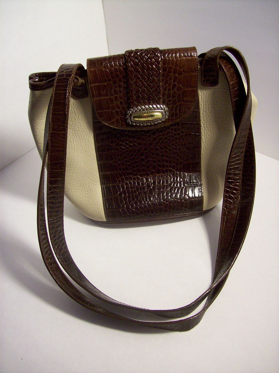 BRIGHTON IVORY LEATHER BROWN CROC SHOULDER STRAPS FLAP BAG HANDBAG 