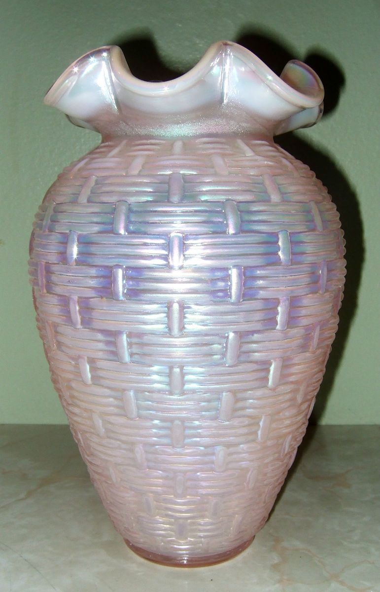 Fenton Pink Iridescent Basket Weave Vase 95th Anniversary Year 2000 