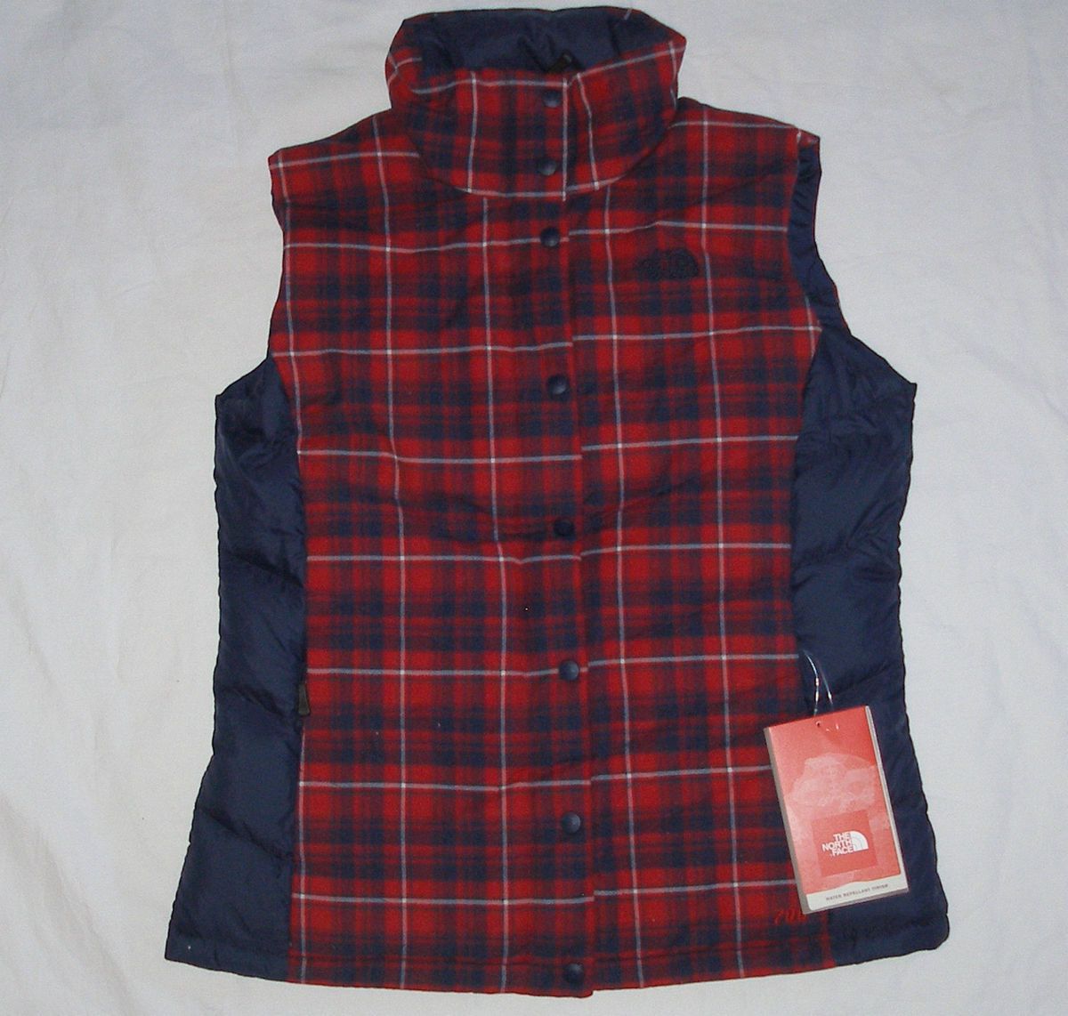 NWT womens The NORTH FACE Carmel DOWN vest PLAID large L chili pepper 