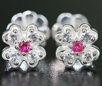 BEAUTIFUL BURMA RUBY & WHITE CEYLON SAPPHIRE FLOWER EARRINGS 925 FREE 