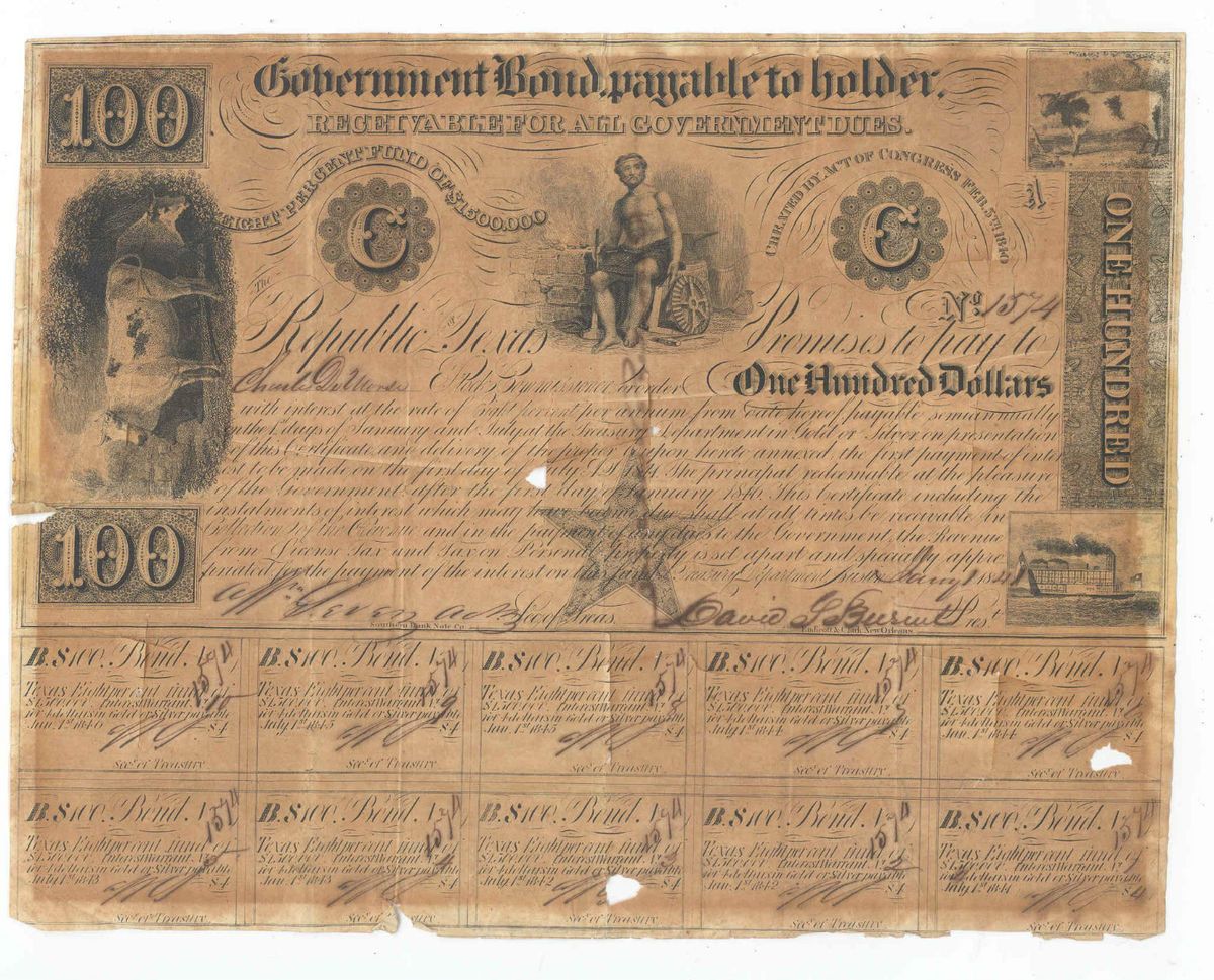    issued by the Republic of Texas in 1841 and signed by David Burnet