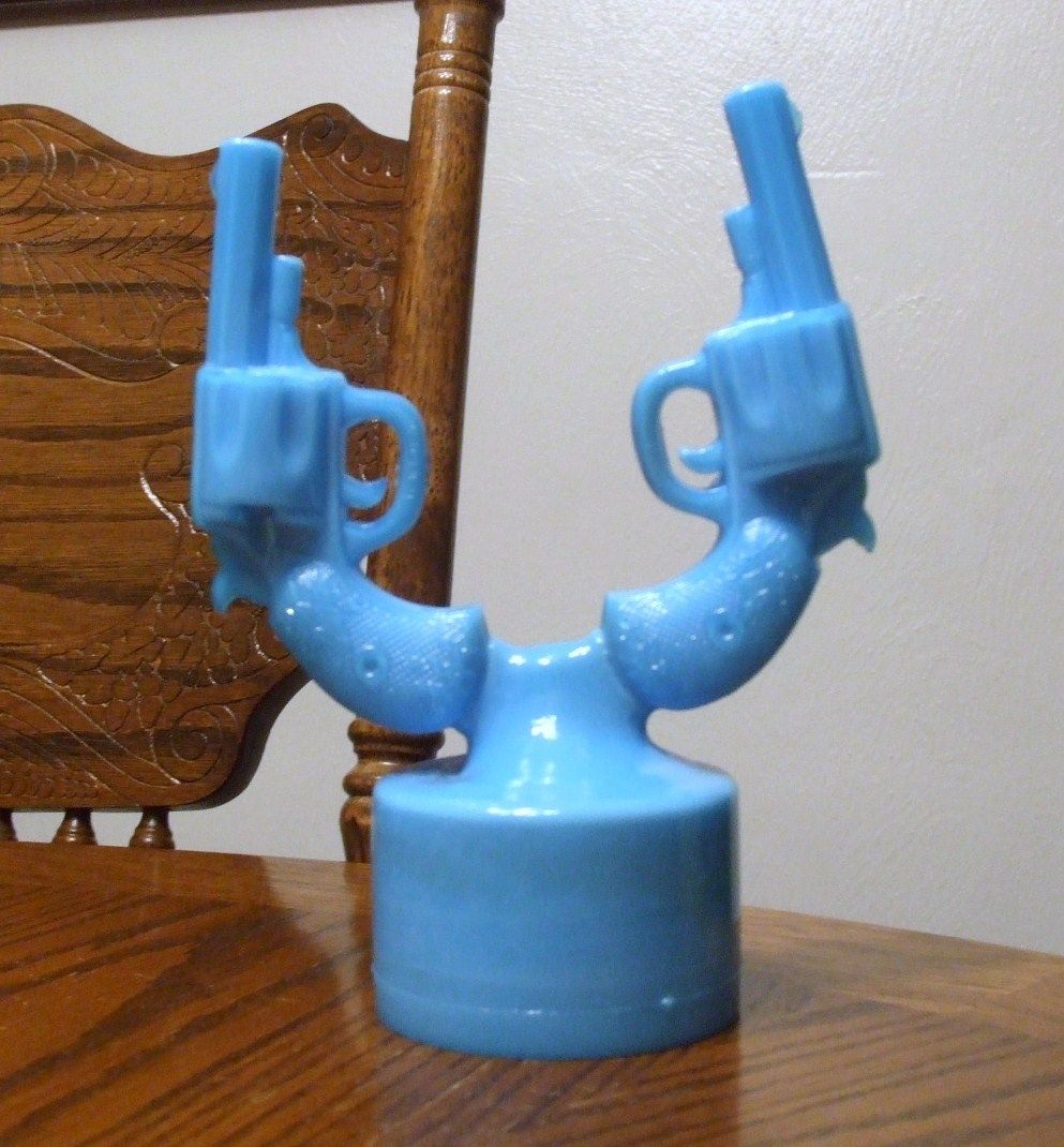 Pair Milk Blue Solid Glass Pistols Still on Font Westmoreland Mould 